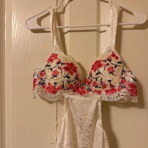 White Satin Nightgown - Floral Embroidery & Side Cutouts - Size L